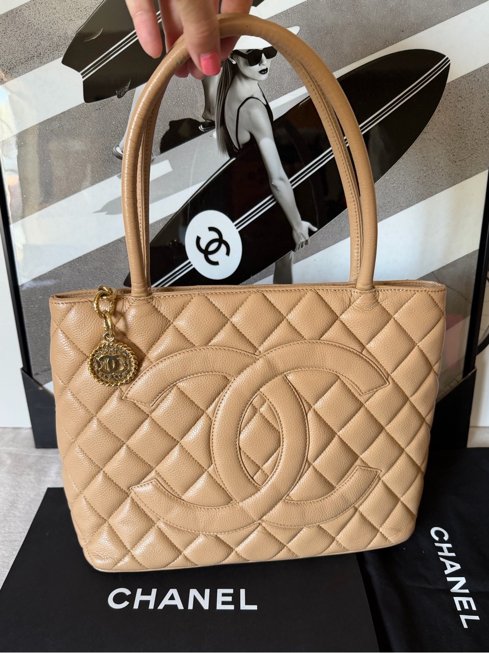 CHANEL Medallion Tote Bag Beige Caviar Leather Large CC Logo